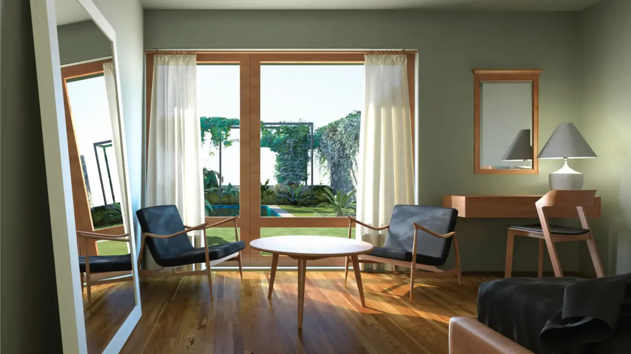 Sala de estar com vista para jardim