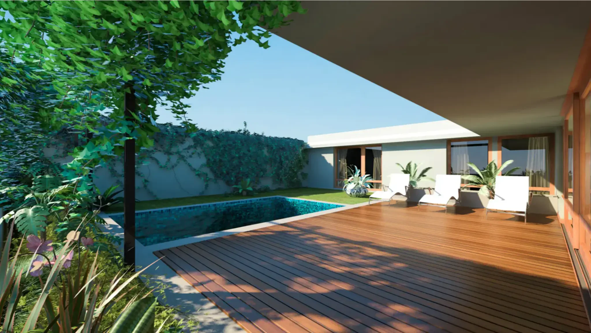 Deck de madeira e piscina