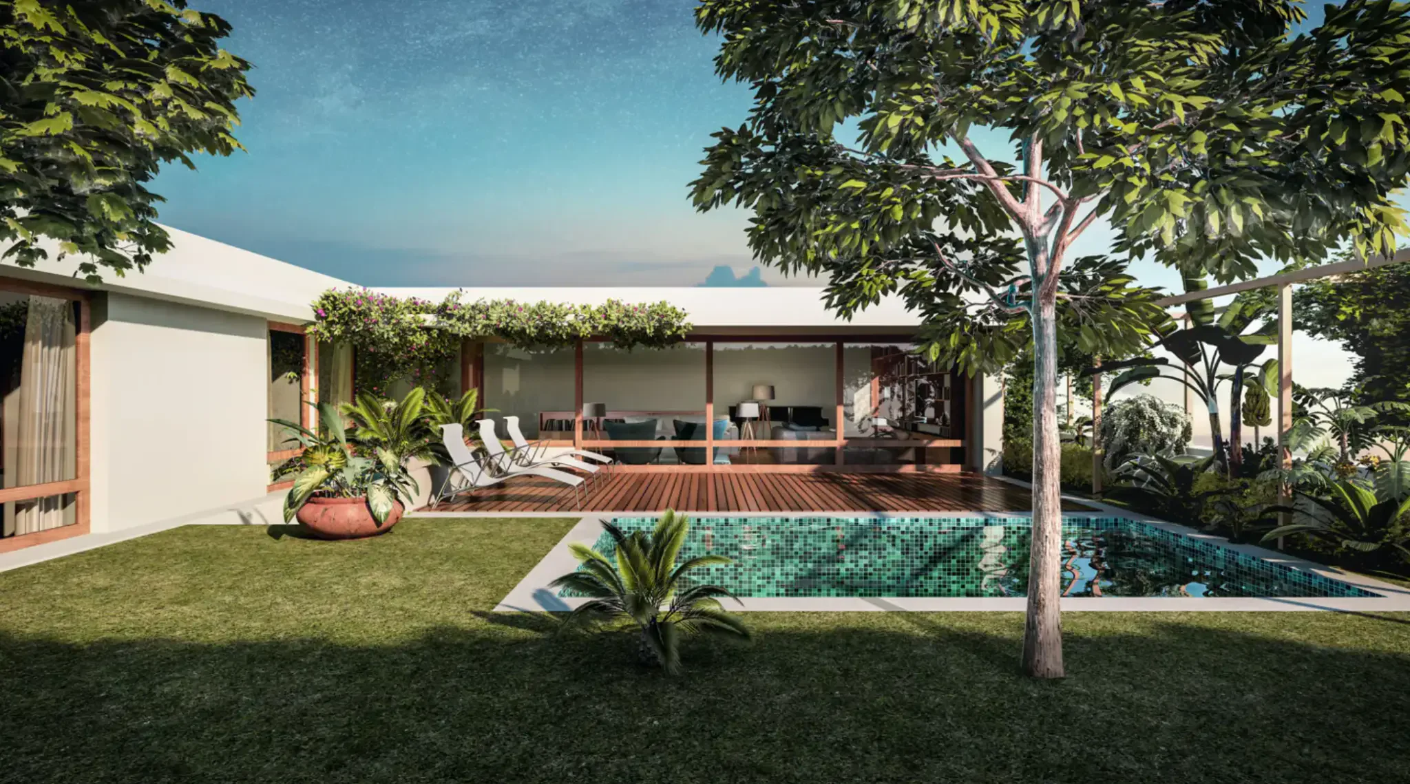 Piscina e jardim com deck